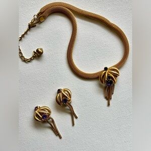 Vintage 80s Gold Mesh Choker & Earrings Set Purple Rhinestones Dynasty Style